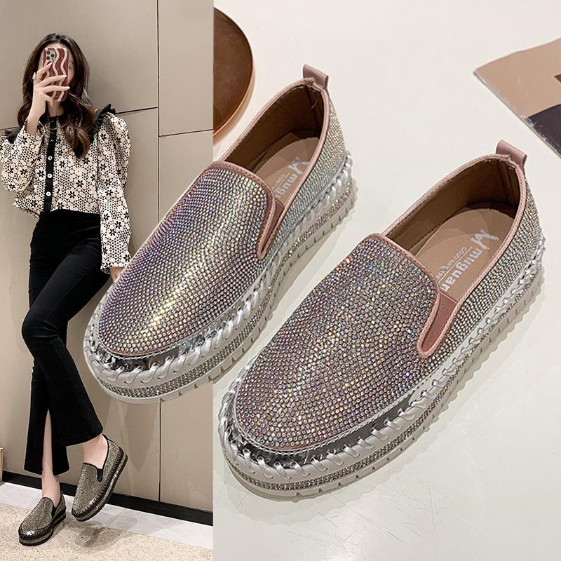 Весна 2025 года, новые повседневные туфли с одной педалью, толстая подошва, круглые туфли, женские мокасины со стразами, одинарные туфли, большой размер