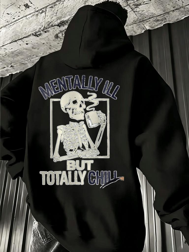 Men Unisex Adult Oversized Pullover Hoodie Street Skeleton Print Casual Daily Wear Halloween Hooded Sweatshirt