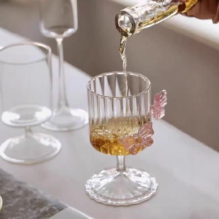 Handcrafted Pink Butterfly Design Glass Cup 250Ml Multipurpose Decorative Jar Drink Cup Great For Office And Home