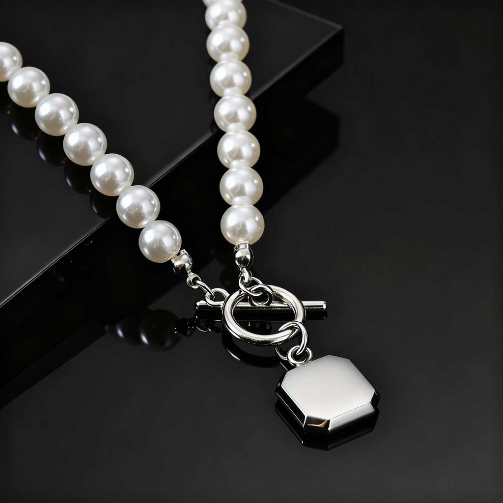 Trendy Square Natural Stone Stainless Steel Necklaces, Imitation Pearl Beads Chain Necklace, Hip Hop Cool Fashion Jewelry Gift