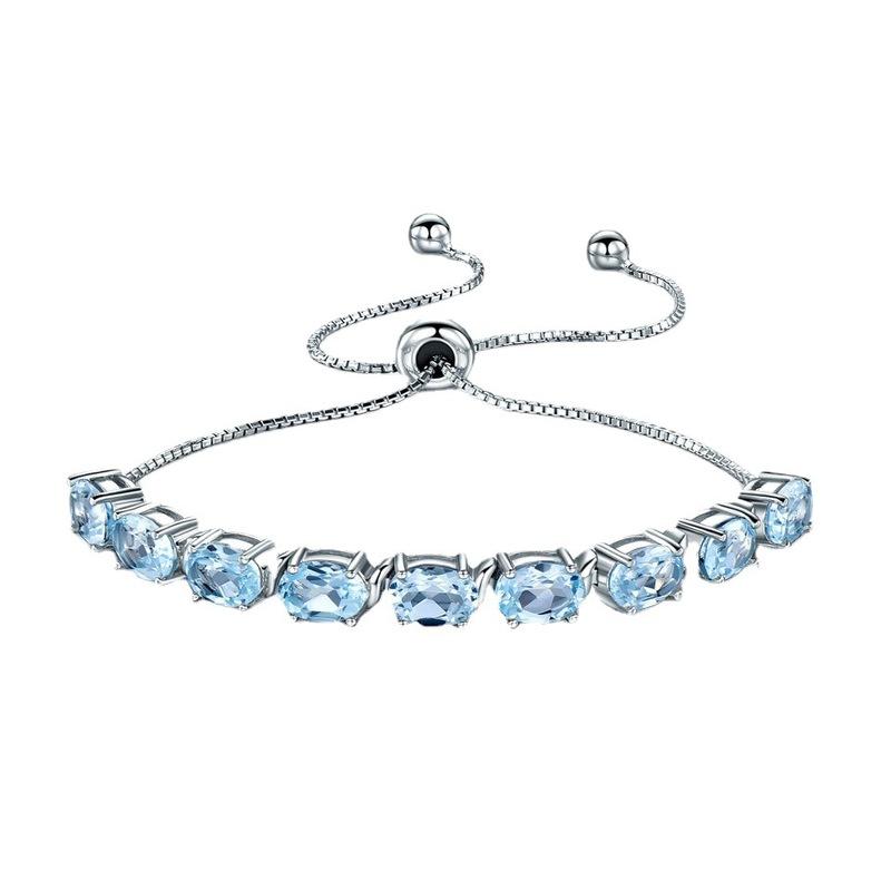 925 Sterling Silver Chain Link Charm Bracelets 9ct Sky Blue Topaz Aquamarine For Women Party Fine Jewelry Adjustable Bracelet