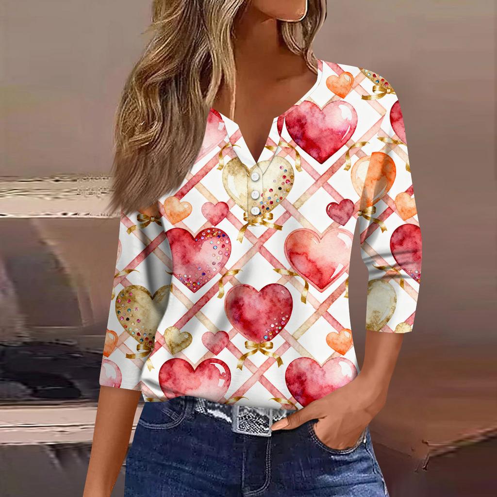 Женская модная рубашка на пуговицах с V-образным вырезом, рукавом три четверти, с принтом ко Дню святого Валентина