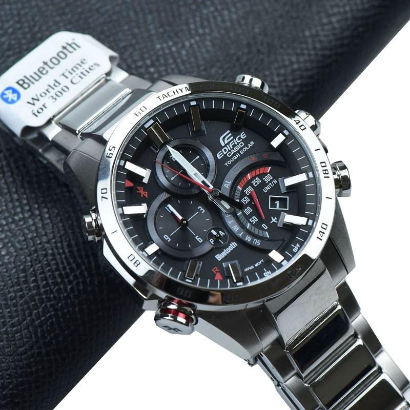 Casio Edifice Series Fashion Business New Bluetooth Smart Solar Waterproof Quartz Movement Stainless Steel Strap Mens Watch Black Dial EQB-501XD-1A