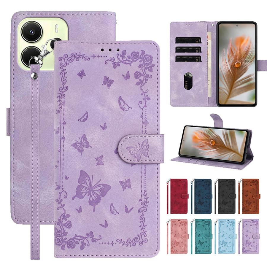 Ретро Тисненый Цветок и Бабочка Чехол для Телефона для Xiaomi Redmi Note 15 14 13 12 PU Кожа Слот для Карт Чехол-Кошелек с Ремешком на Запястье для Redmi 15C 14C 13C