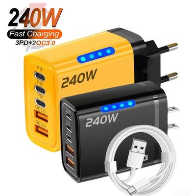 5-в-1 Gan USB-C Настольное зарядное устройство 240 Вт Быстрая зарядка Адаптер для телефона 10 А Кабель Type-C Для iPhone Samsung Xiaomi EU/US/UK Штекер Зарядное устройство