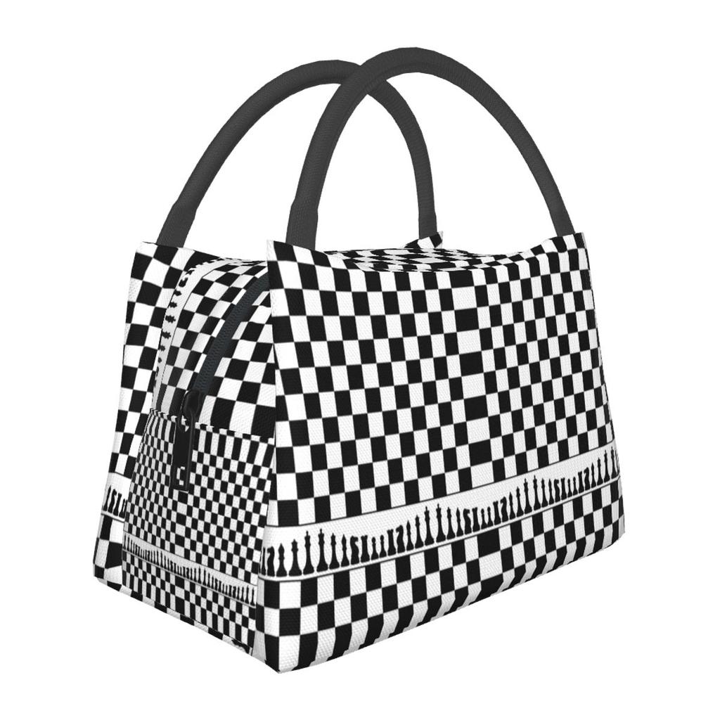 Chess Board Black And White Grid Checkered Lunch Bag for School Bento Storage Food Boxes Container Cooler Thermal Lunch Box Tote