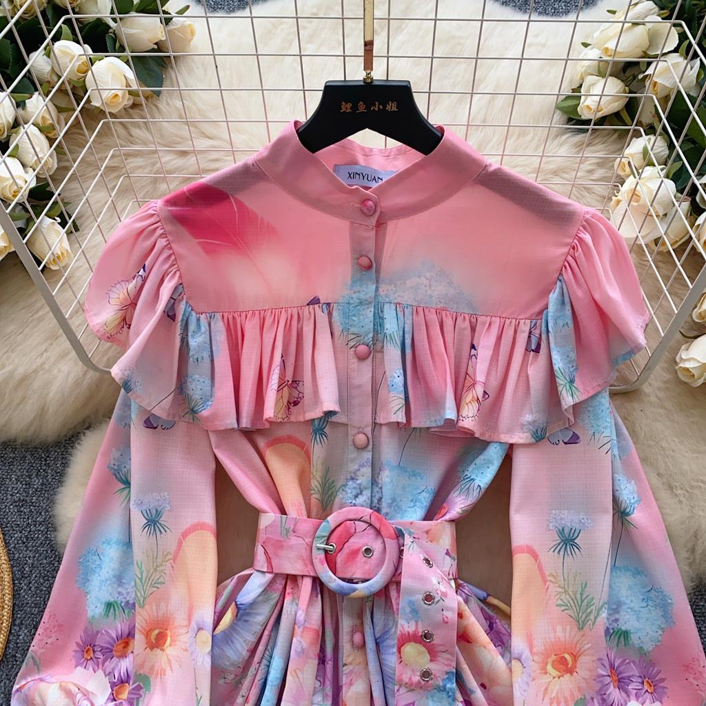 Spring Summer Women Elegant Lantern Sleeve Ruffles Mini Short Princess Holiday Party Dresses With Belt