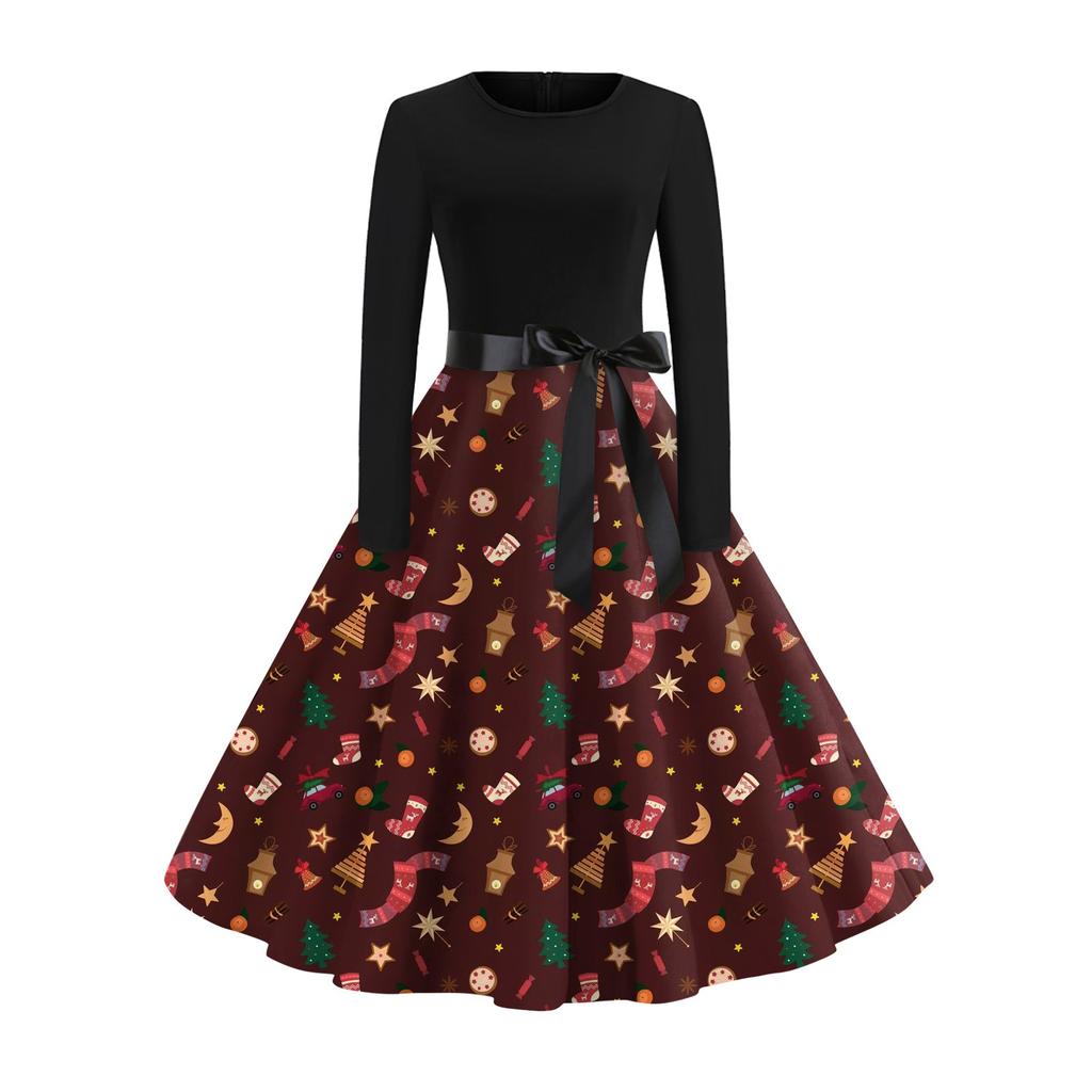 Женское винтажное классическое платье с длинным рукавом и рождественским принтом, свободное платье с круглым вырезом
