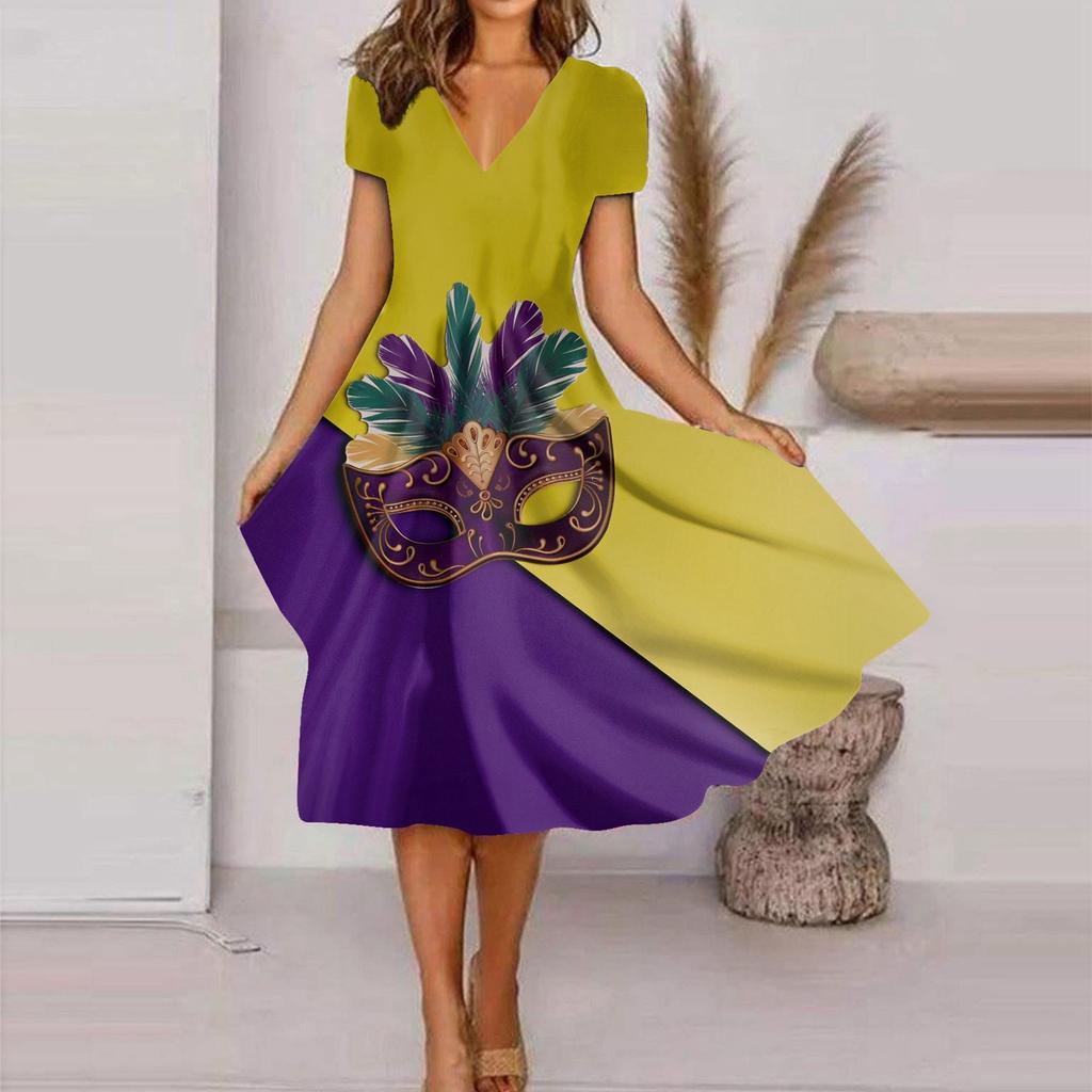 Женское летнее повседневное модное свободное платье с коротким рукавом и v-образным вырезом с принтом