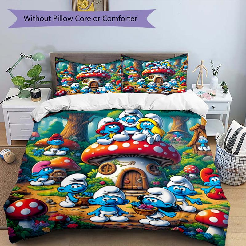 3pcs Duvet Cover Set (1*Duvet Cover + 2*Pillowcase, Without Core), Blue Smurfs Print Bedding Set, Bedroom Decor, All‑Season, Birthday Gift