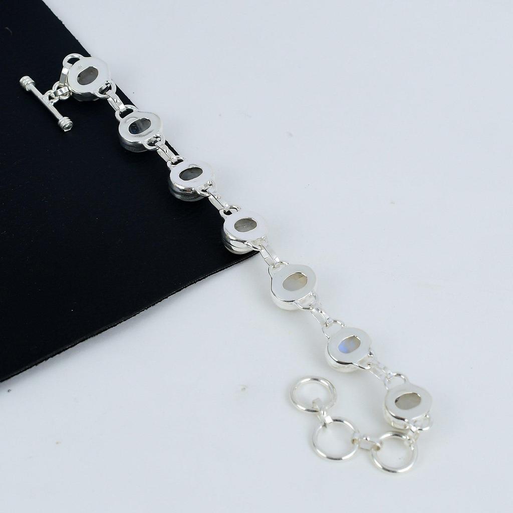 Браслет ручной работы из серебра 925 пробы с радужным лунным камнем, браслет из радужного лунного камня для жены, браслет унисекс на день рождения, подарок жене Flow