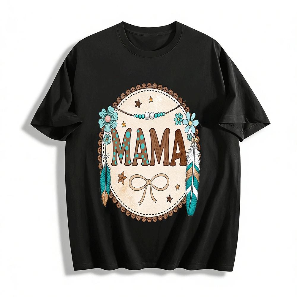 Стиль Бохо Топ с принтом MAMA Повседневный с круглым вырезом Для семьи Хлопковая футболка