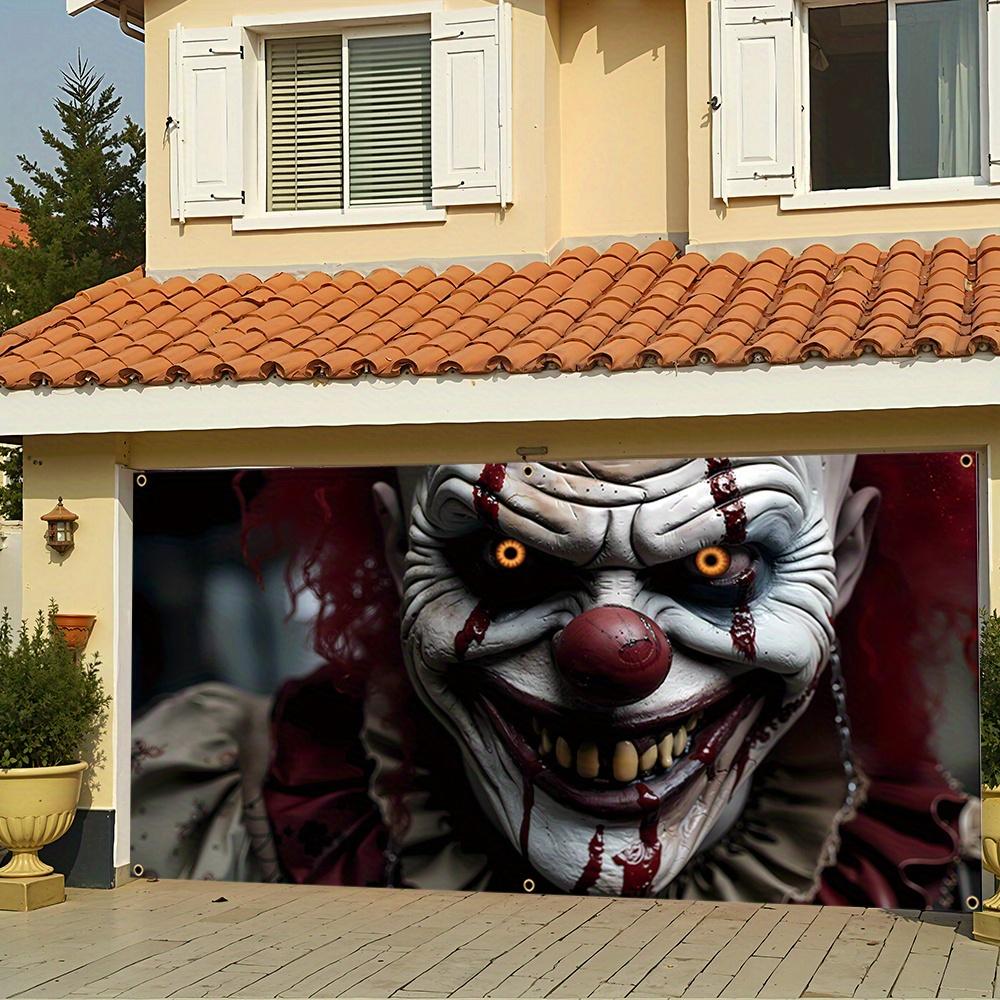 2D banner Halloween evil clown garage flag, glowing eyes eerie, polyester material