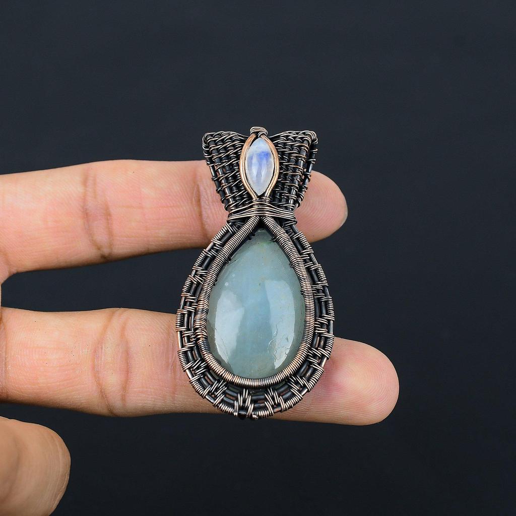 Aquamarine 999 Copper Wire Wrapped Pendant, Handmade Gemstone Pendant Jewelry, Gifts For Wife Brand New Pendant