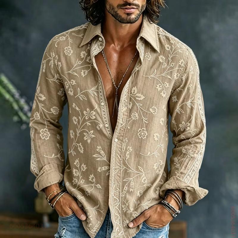 Men's Long Sleeved Shirt with Floral Branches and Leaves Printed on Top, Versatile Casual Shirt for Daily Commuting and Travel
