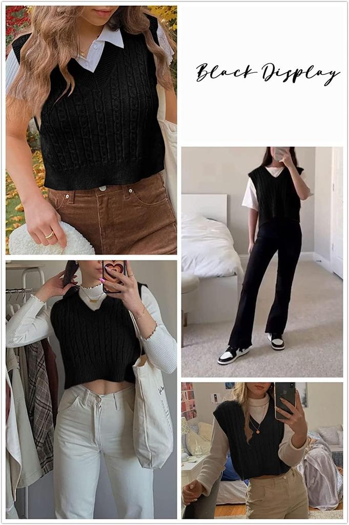 Womens Preppy Cropped Sweater Vest V Neck Sleeveless Cable Knit Tank Top