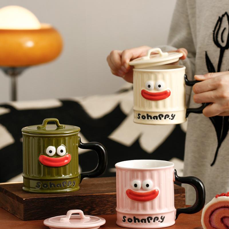 Мультяшная кружка «Большой рот» с улыбающимся лицом, милая керамическая чашка с крышкой, небольшой подарок, парная чашка для воды, чашка с высокой термостойкостью, студенческая