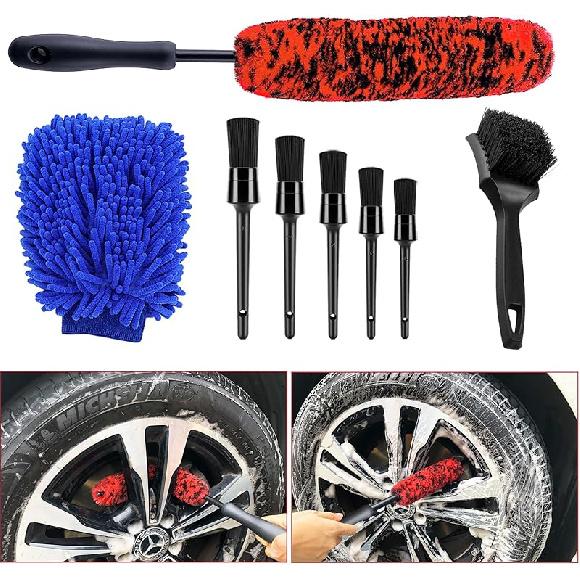 9Pcs Wheel Tire Brush Set - Cleaning Brushes For Wheels, Tires, Rims & Spokes