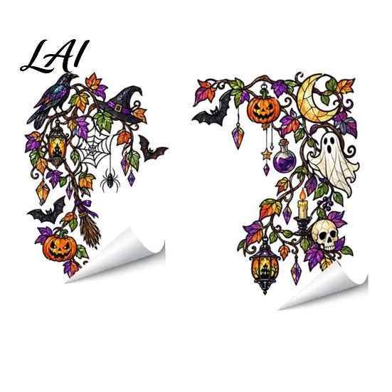 Glass Door Decorations 2Pcs Halloween Corner Static Window Clings Floral Pumpkin Bat Black Shop Displays Cat PVC Stickers Reusable Decals