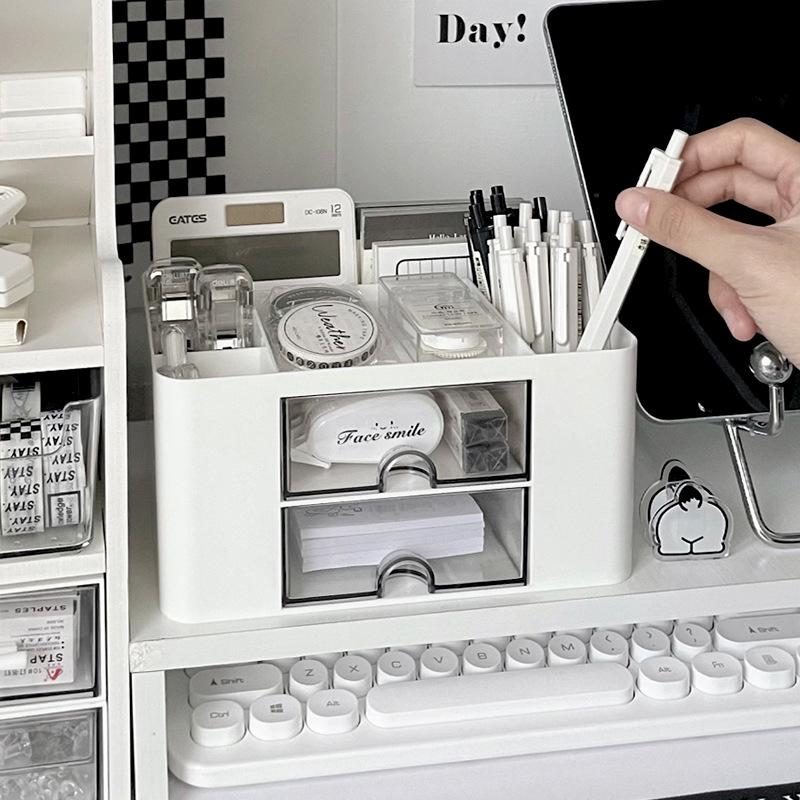 Простой однотонный держатель для ручек с 2 ящиками, многофункциональный ящик для хранения канцелярских принадлежностей большой емкости, студенческий офисный настольный органайзер