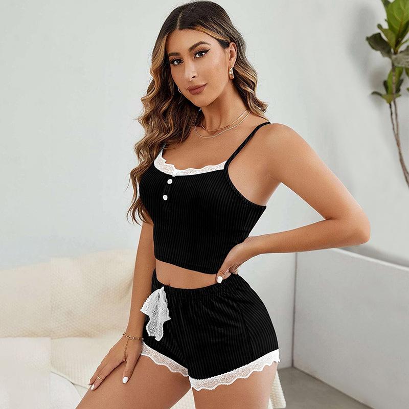 Women's Europe and United Sexy Lace Pajamas Set Sling Crop Top Elastic Drawstring Shorts 2 Pcs Pyjamas Summer Texture Breathable Soft Solid Home Dress