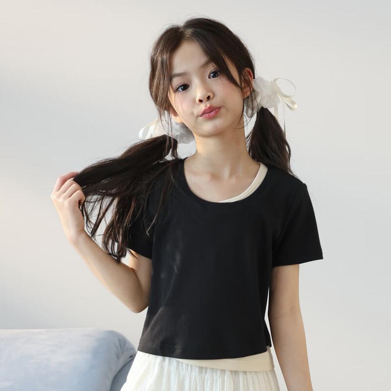LUSON Girls' 2025 Summer Fake Two-Piece Short Sleeve T-Shirt
