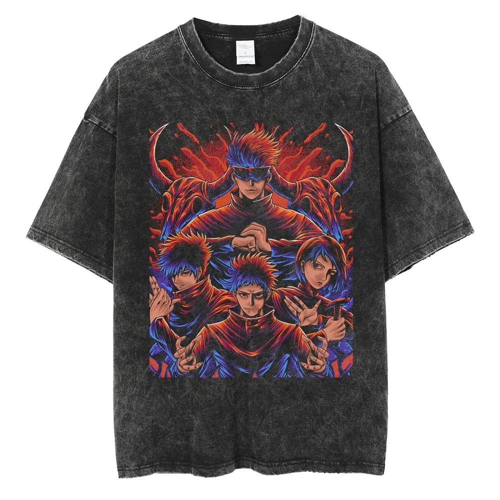 Горячая Аниме Футболка с Принтом Jujutsu Kaisen Нанами Кенто Мужская Винтажная Выстиранная Футболка Оверсайз Футболка Короткий Рукав Хлопок Свободный Топ Футболка