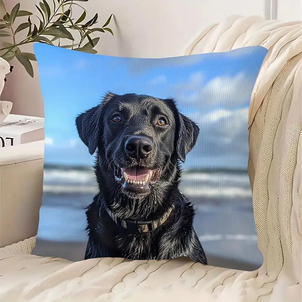 1pc Pillowcase, 2D Flat Printing, Single-Sided Print (No Pillow Core), 17.72 X 17.72 Inches (45 X 45 Cm), Non-Real Embroidery, Black Labrador Beach Gr