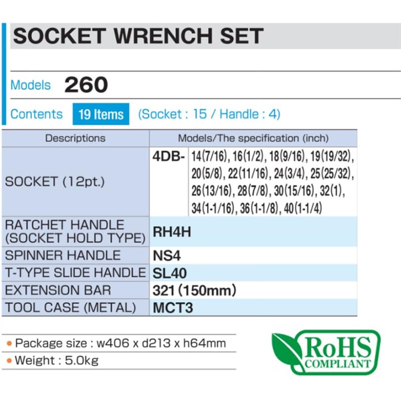 TONE Socket Wrench Set 260 Drive Silver Inch Contents 19 Items 12.7mm (1/2")