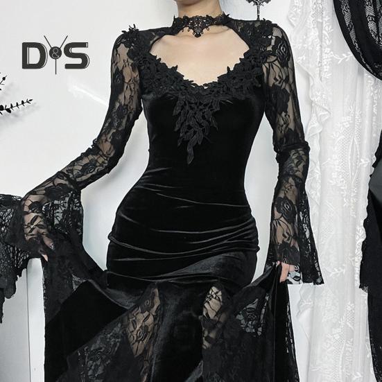 Женское платье для косплея в темном стиле, костюм для Хэллоуина, кружевное лоскутное шитье, цветочная вышивка, рыбий хвост, подол, длинные рукава, узкая талия, трапециевидная форма.