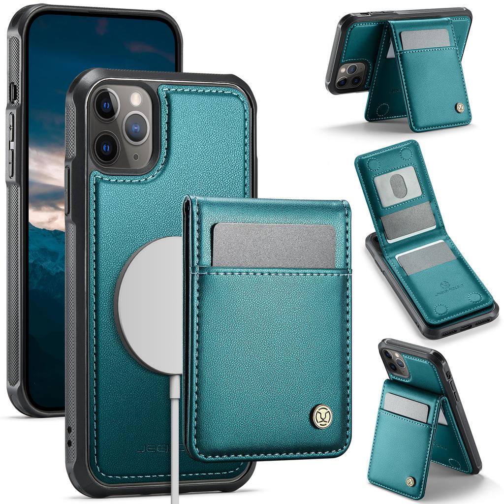 For iPhone 11 Pro Leather Back Cover Compatible with MagSafe JEEHOOD J06 Phone Case with Card Bag RFID Blocking