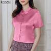 Women Summer Stand Collar Casual Short Sleeve Satin Blouse
