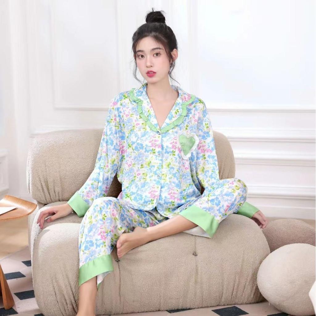 1011 new pajamas women's ice silk long-sleeved printing loose fashion small fresh and sweet floral loungewear set