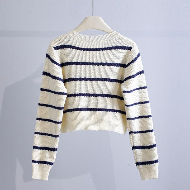 Короткий полосатый свитер в стиле ретро, ​​женское пальто 2023, осень, осень 2023, японская свободная верхняя одежда с длинным рукавом, маленький вязаный кардиган, женский свитер