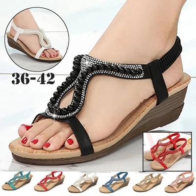 Женские кожаные сандалии на танкетке. Летняя женская повседневная повседневная обувь. Удобные ювелирные сандалии на среднем каблуке.