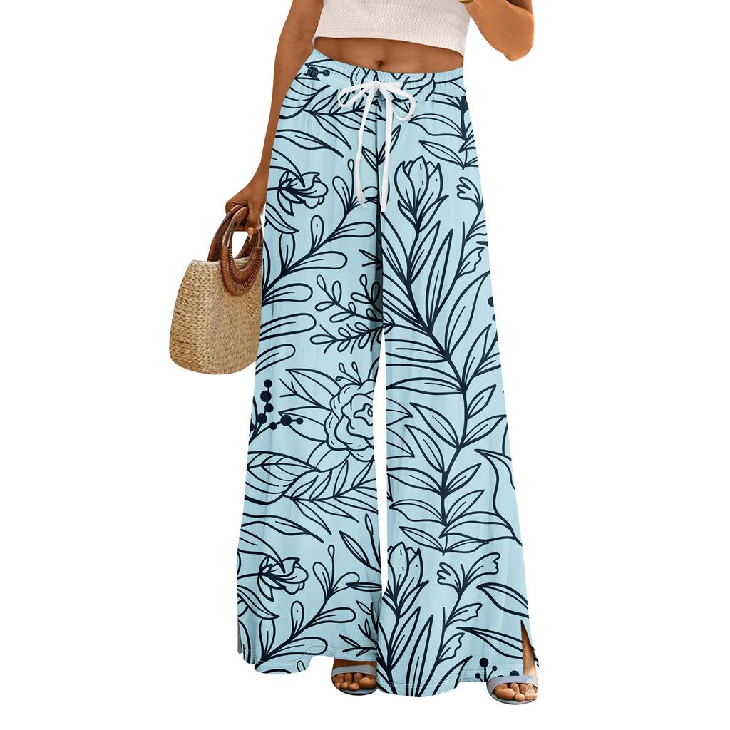 Женские летние брюки-палаццо в стиле бохо с высокой талией, широкие повседневные брюки с цветочным принтом и карманами