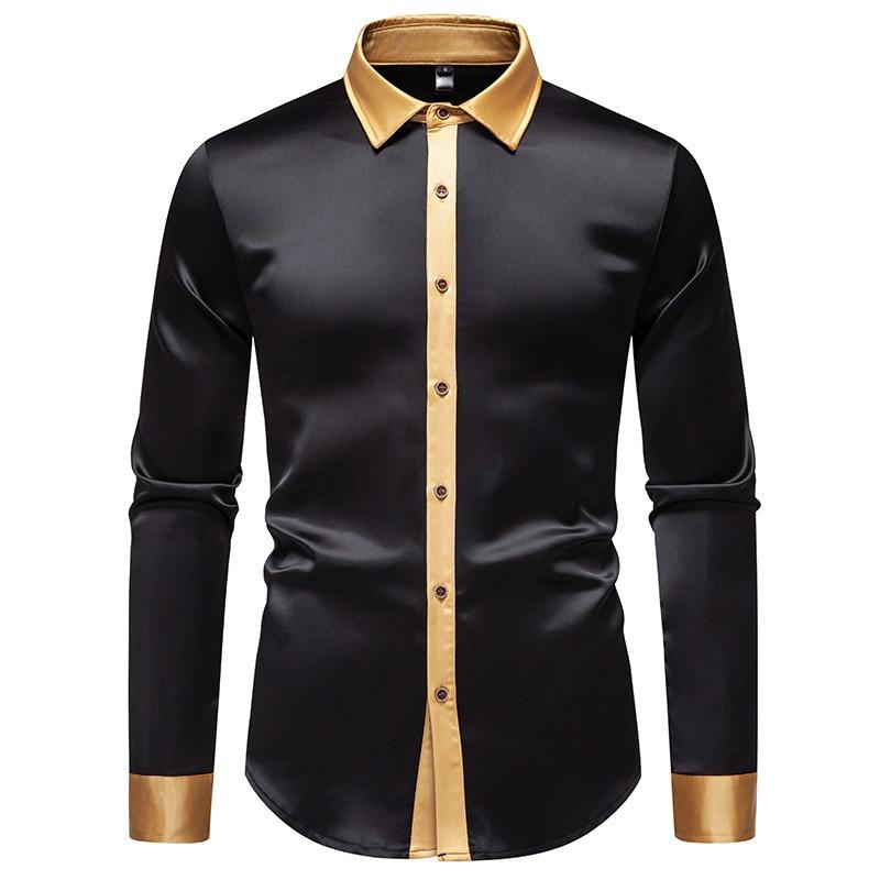 Men S Fashion Satin Smooth Color Block Long Sleeve Shirt