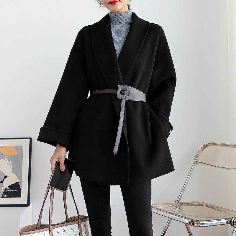 Woolen Coat Women's Medium and Long Version Autumn and Winter New Small Cape Black Woolen Coat Versatile