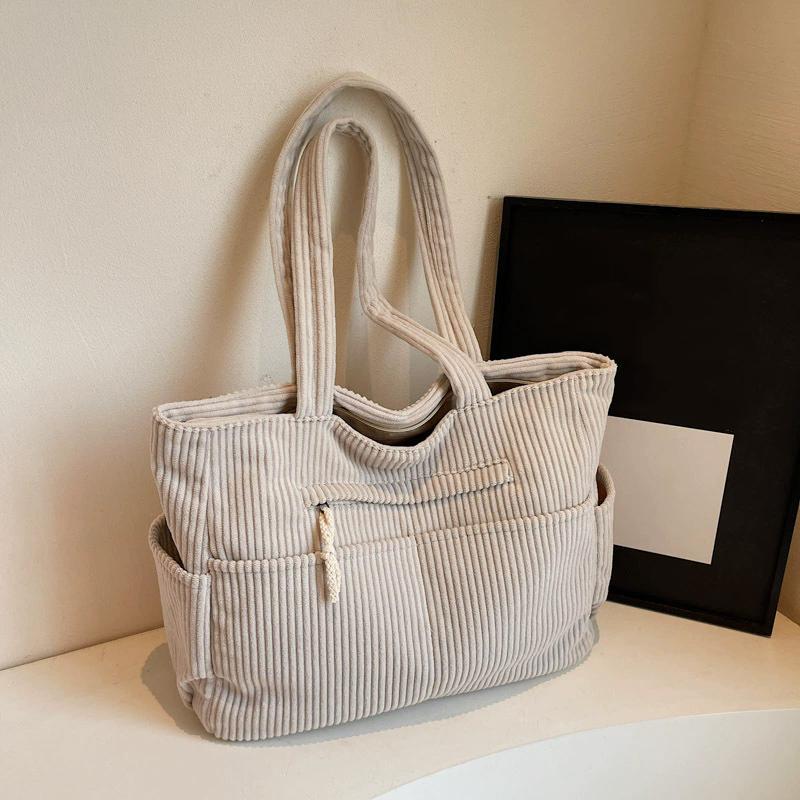 Casual Corduroy Handbag Zipper Closure Light and Large Capacity Shoulder Bags Solid Color Women's Daily Commuter Tote