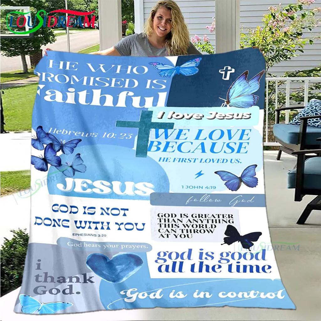 Fashion Bible Verses Jesus Pattern Blanket Flannel Thin Blanket Portable Home Travel Office Lunch Break Blanket Birthday Gift