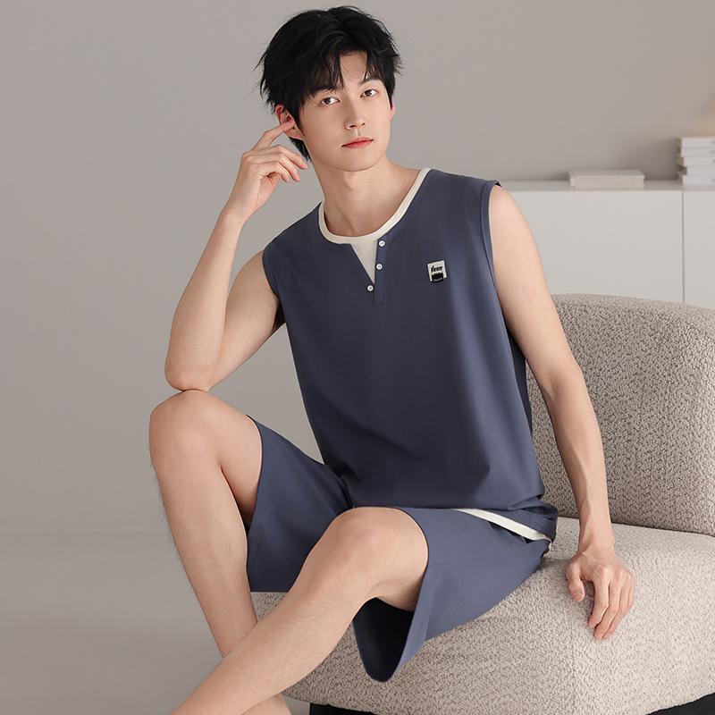 Pajamas men's summer cotton vest shorts summer thin teen men's sleeveless vest loungewear set