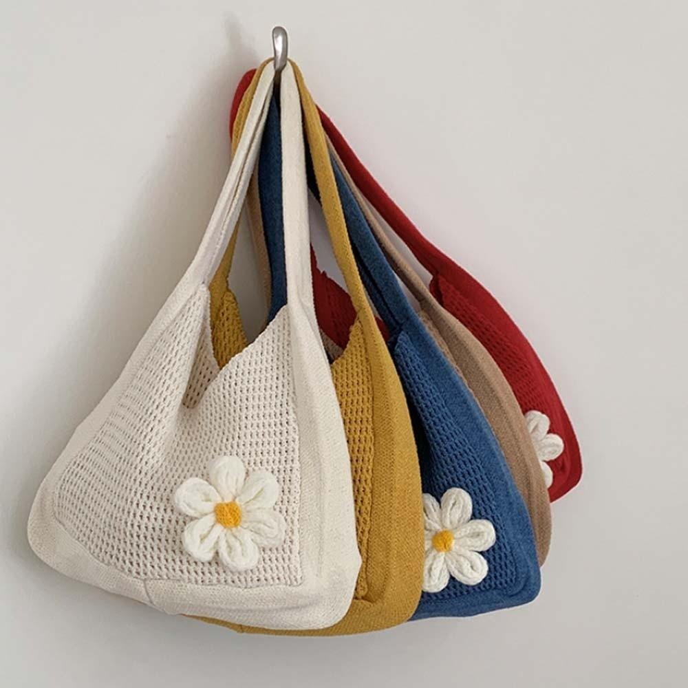 Sweet Knitted Tote Bag Breathable Seaside Vacation Handbag Trendy Crochet Shoulder Bag  Female