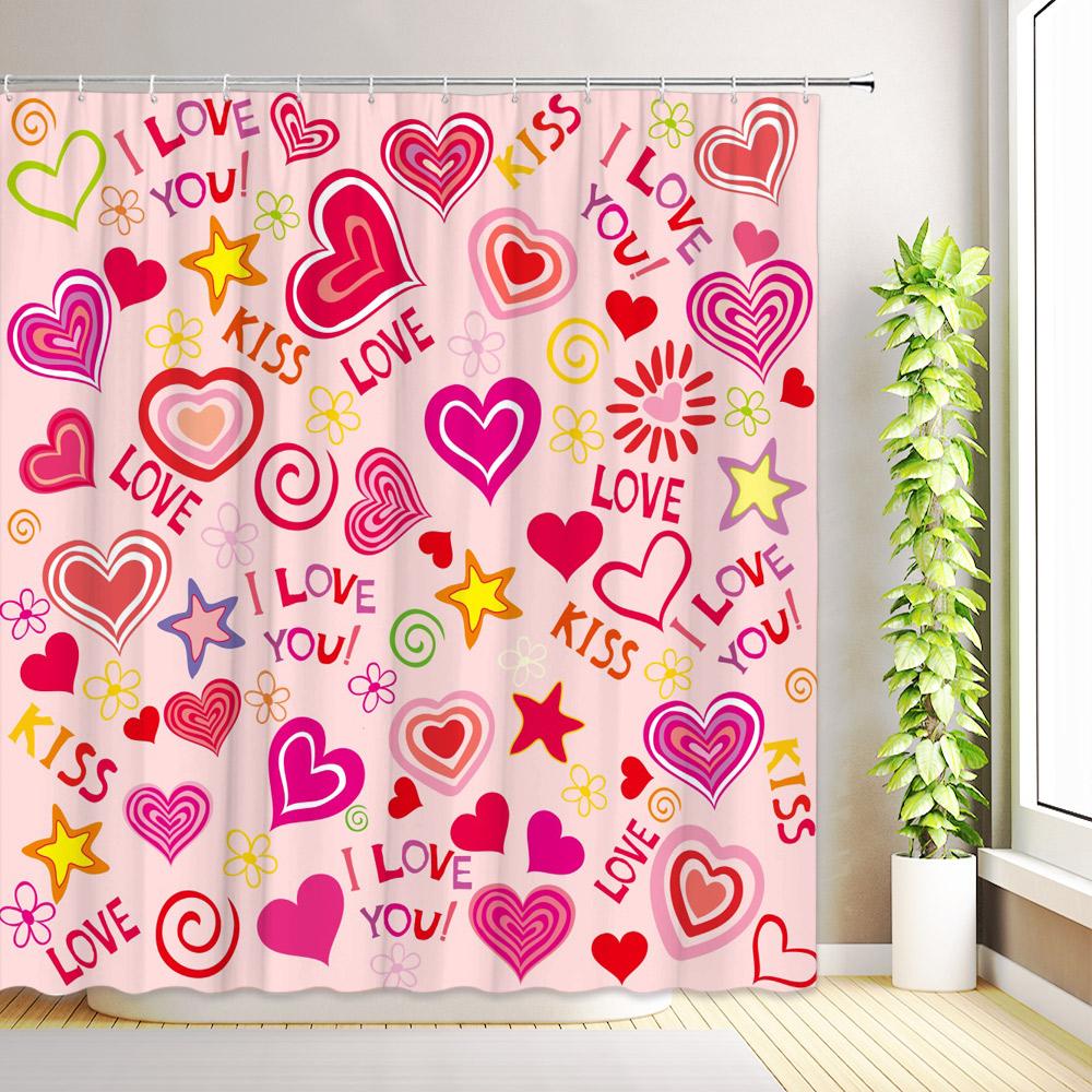 Valentine's Day Shower Curtain Romantic Red Love Hearts Flowers Abstract Modern Bathroom Decor Fabric Bath Curtains with Hooks
