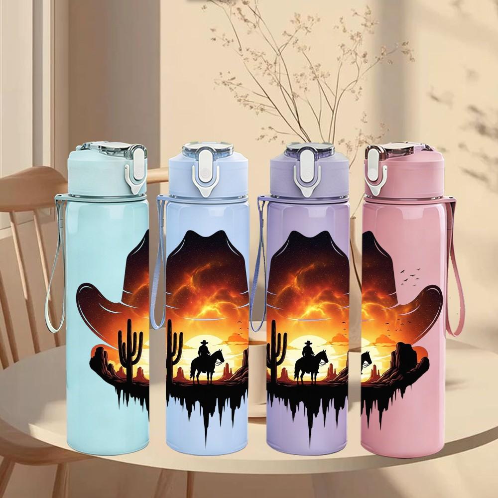 1PC Desert Campfire Cowboy Scene 750ml Color Plastic Sports Water Bottle Leakproof Flip Straw Lid Suitable for Sports Office Home Use