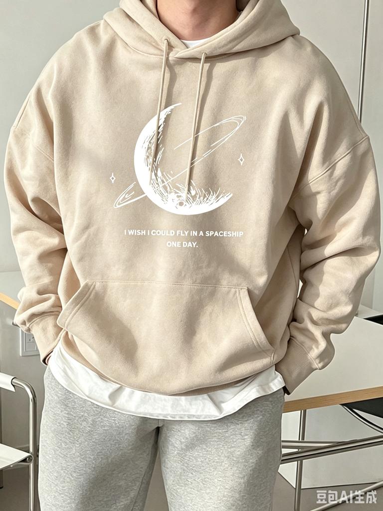 Drawstring Hooded Sweatshirt, "Planet" Print, Fall/winter Loose, Soft, Comfortable, Fleece-lined Hooded Sweater