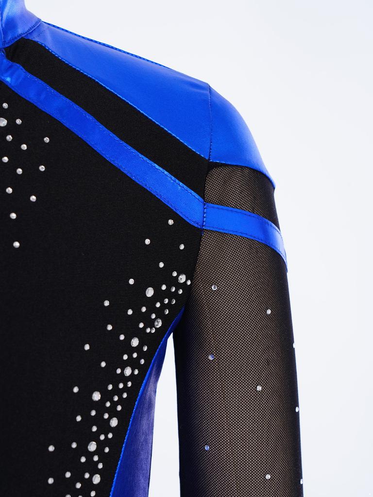 Boys Skating Performance Top: V-Neck Long Sleeve Rhinestone Color Block with Split Hem for Competition Costume