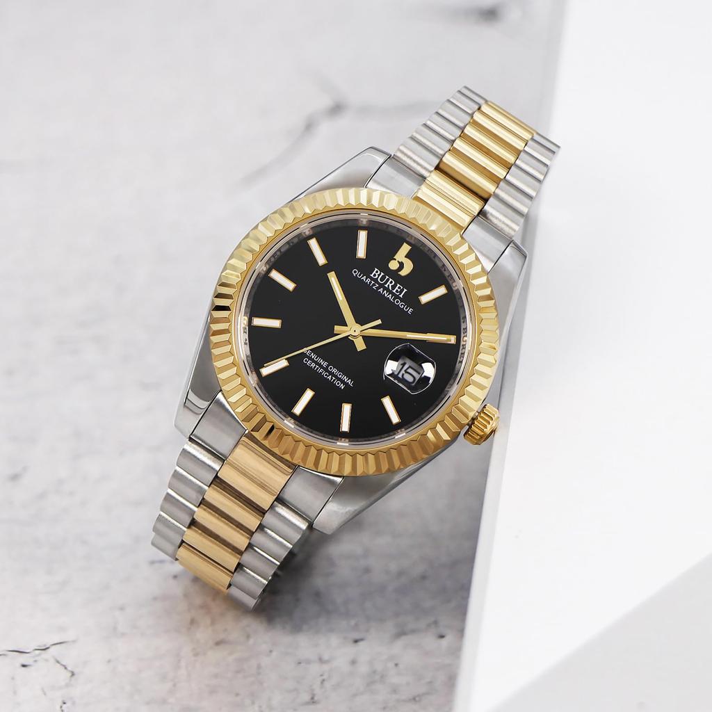 Часы модные простые золотые серебряные черные водонепроницаемые кварцевые часы мужские часы для подарка на день рождения [BUREI] мужские
