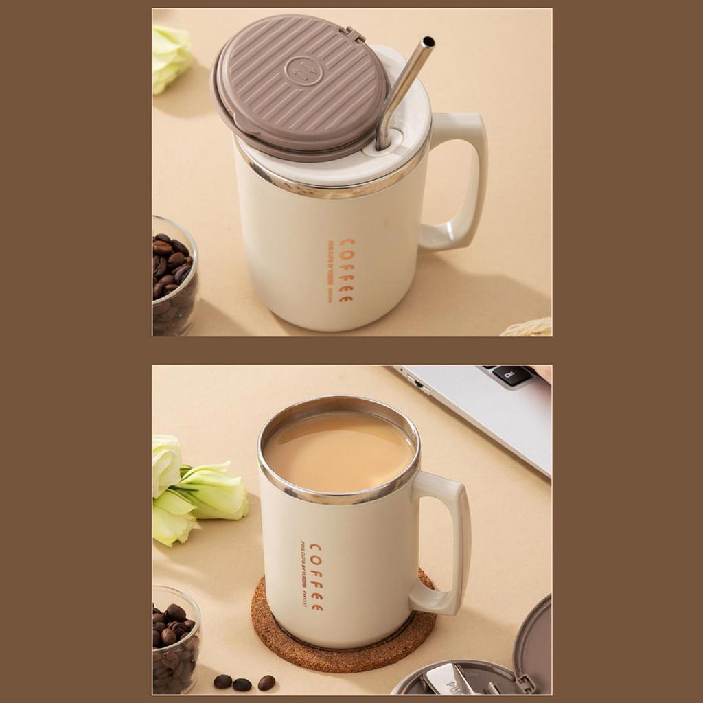 480ML Coffee Cups With Straw&Spoon 304 Stainless Steel Reusable Portable Leak-proof Coffee Milk Mug Drinking Cup