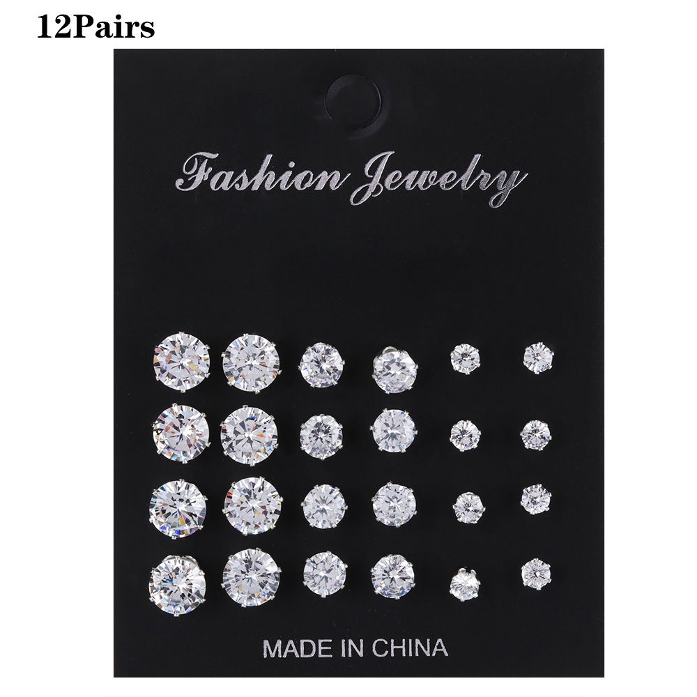 6/12Pairs Elegant Wedding Jewelry Gift Geometric Crystal Stud Earrings Set Round Zircon Alloy Silver