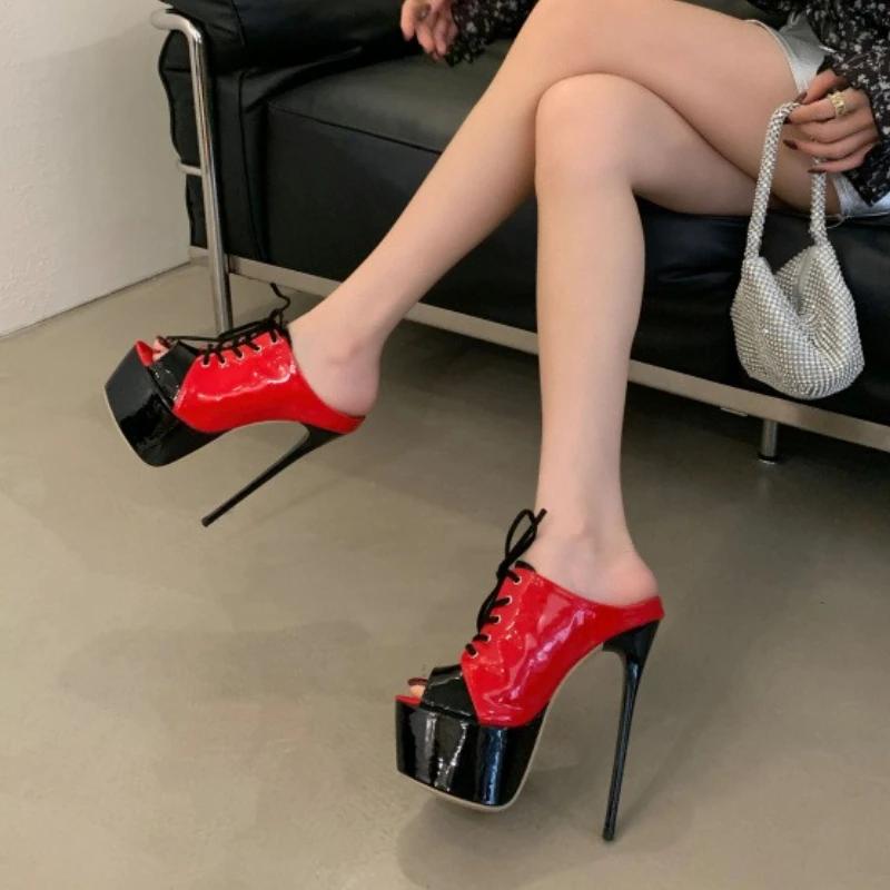 Fashion 16cm Super High Heel Platform Slipper Women Fashion Mixed Colors Lace Up Slide Sandal Sexy Nightclub Stripper Shoe Zapatos Mujer